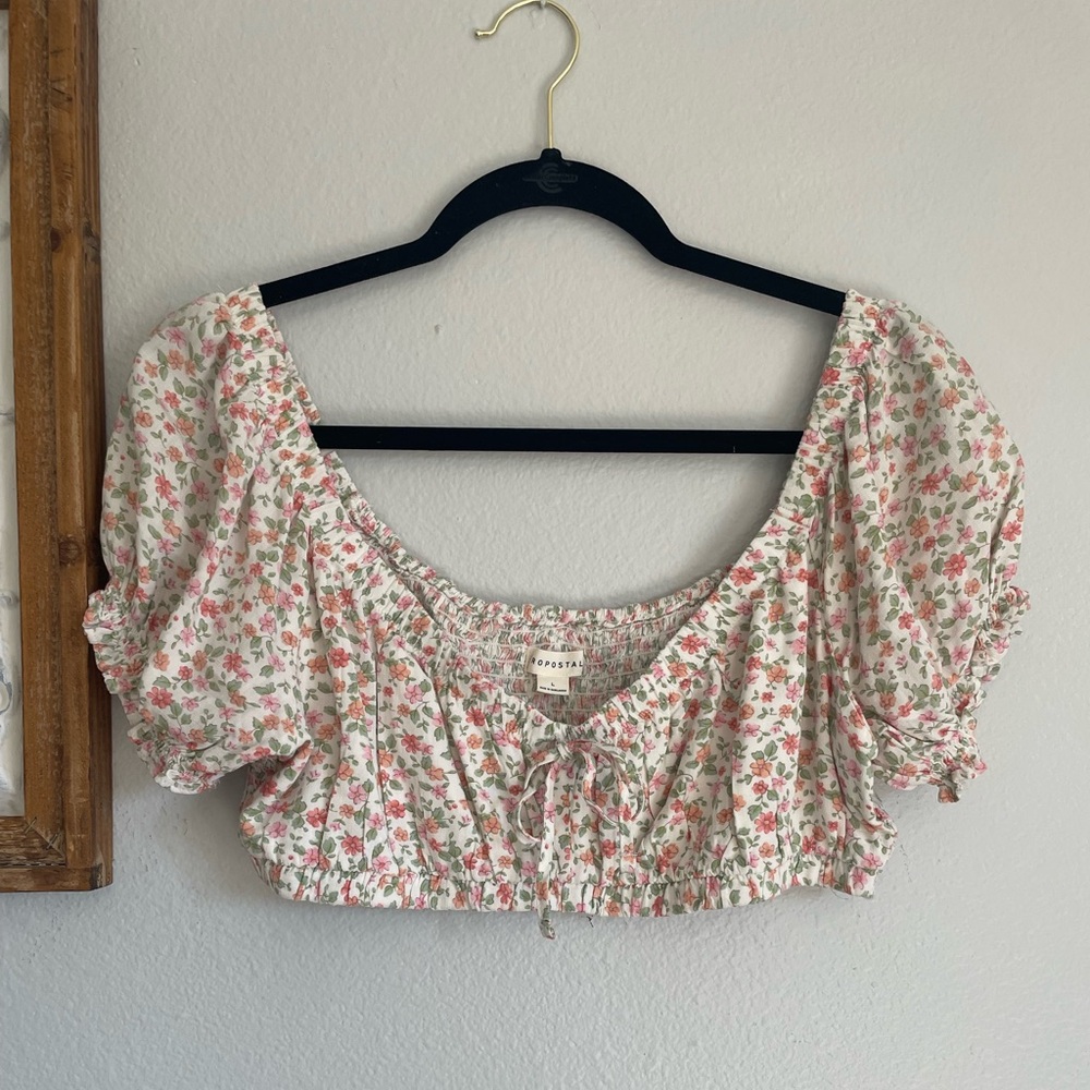 Aeropostale White Floral Print Cropped Top Women’s L Puff Sleeves NWT